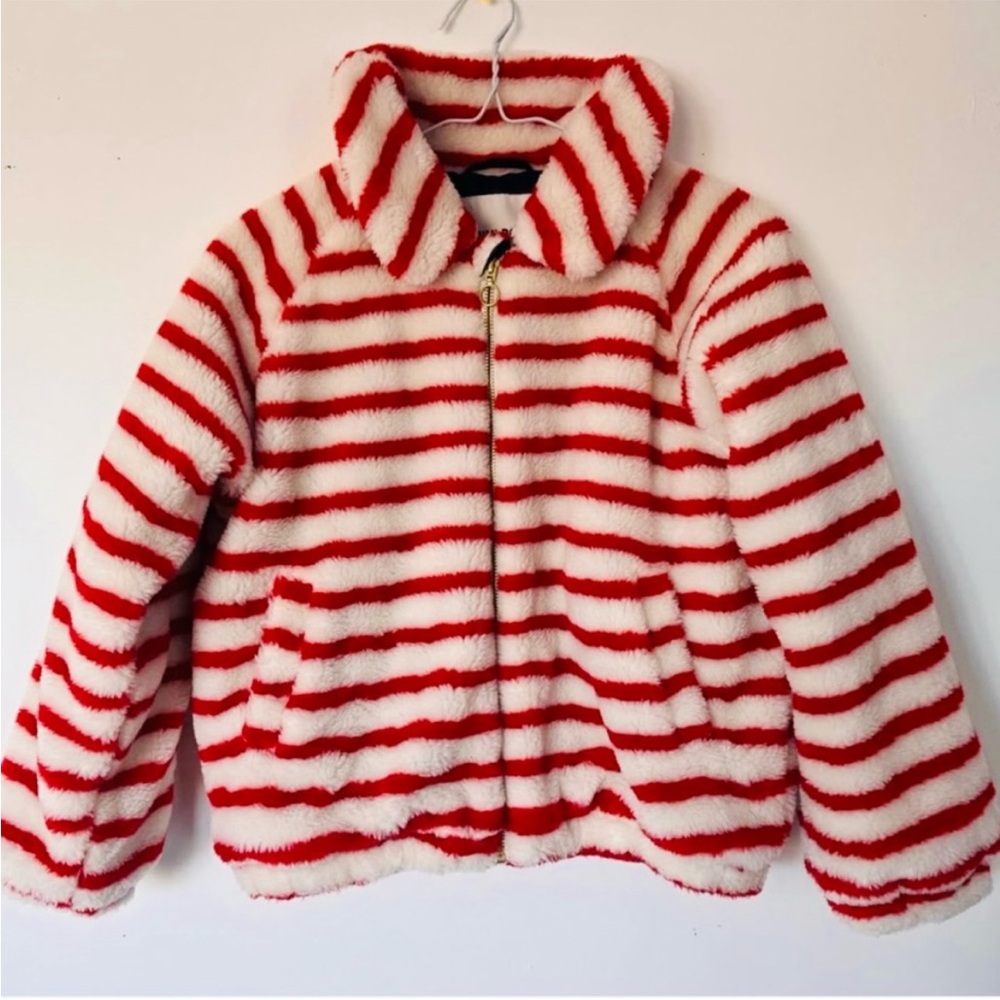 Mini Rodini Angry Cat Striped Red and White Kids Sherpa Jacket